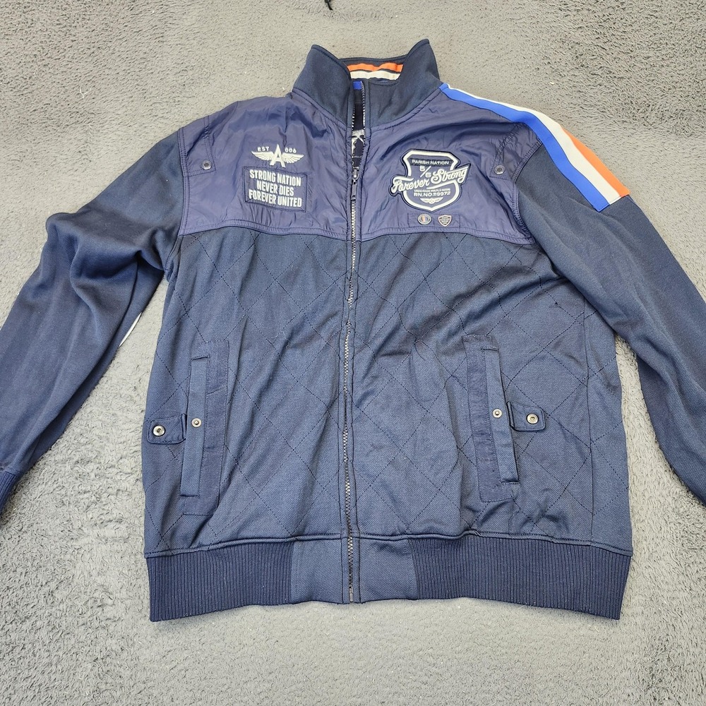 Parish Nation Jacket Mens 3XL Navy Blue Quilted Full Zip Forever Strong Patches
